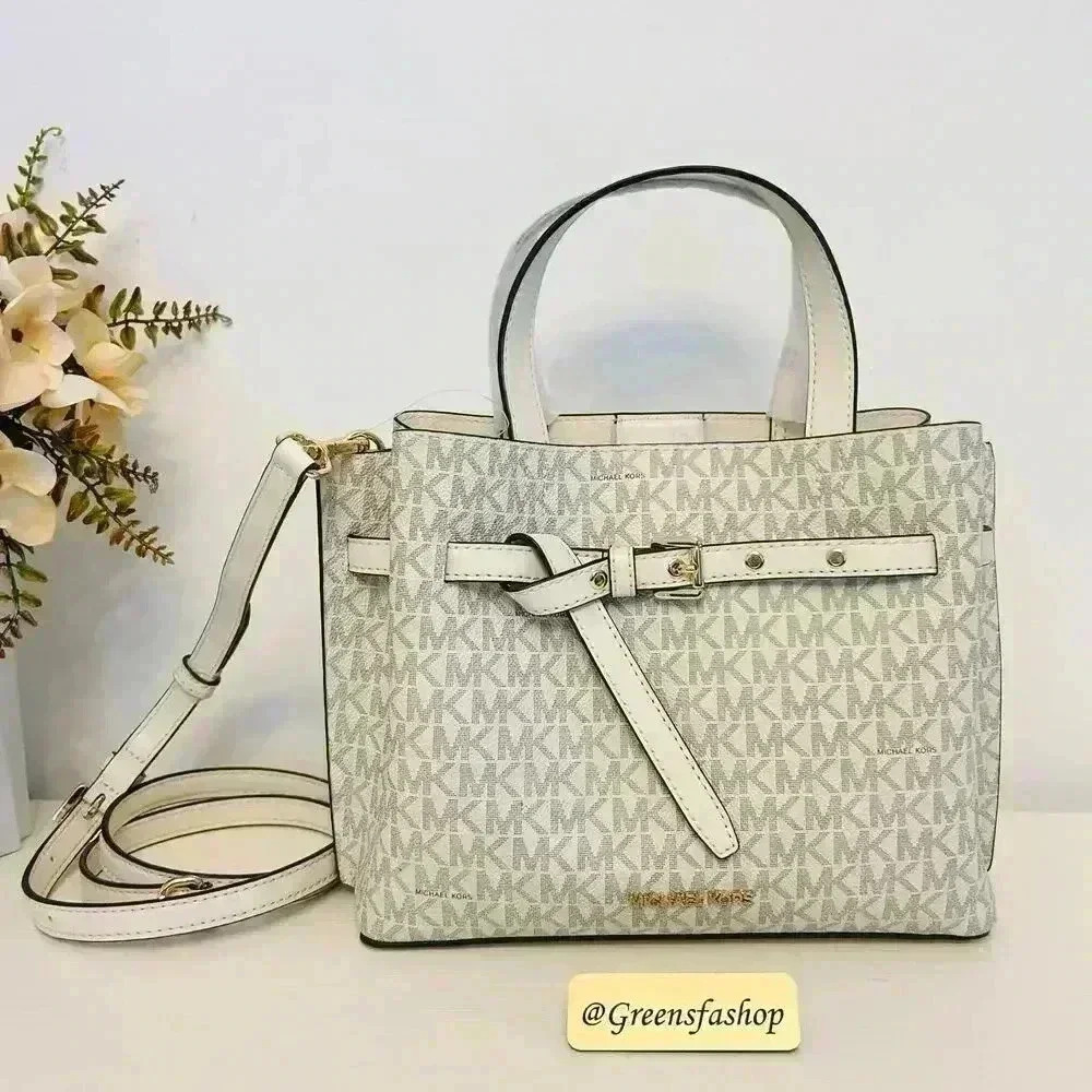 Michael Kors Emilia Small Satchel Crossbody Bag Light Cream MK Signature